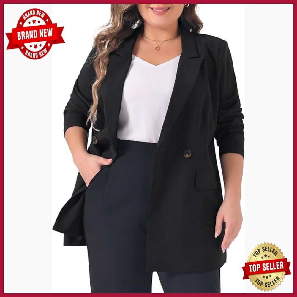 Plus Size Blazer Lapel Button Pocket Office Work Jacket Long Sleeve